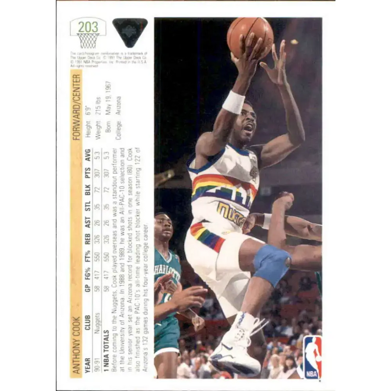 1991-92 Upper Deck #203 Anthony Cook NM-MT Denver Nuggets Basketball Card - Basketball Card Single
