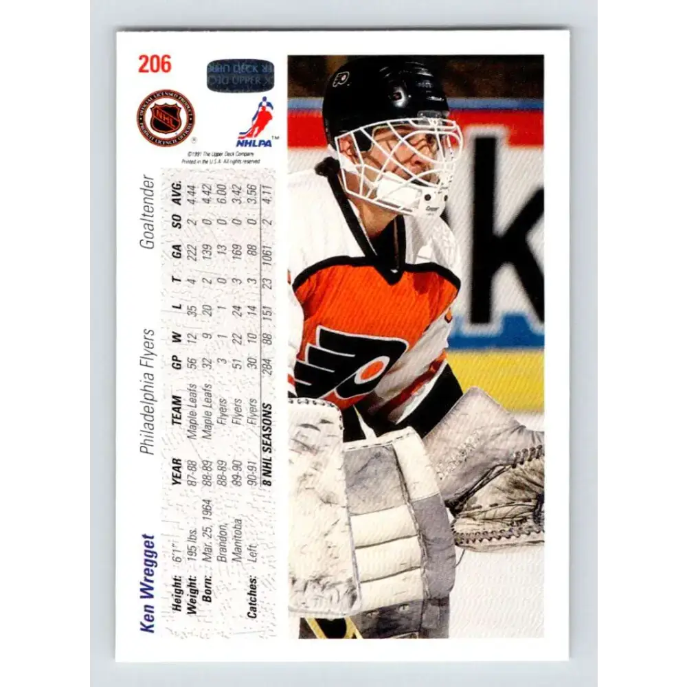 1991-92 Upper Deck #206 Ken Wregget NM-MT Philadelphia Flyers Hockey Card - Hockey Card Single