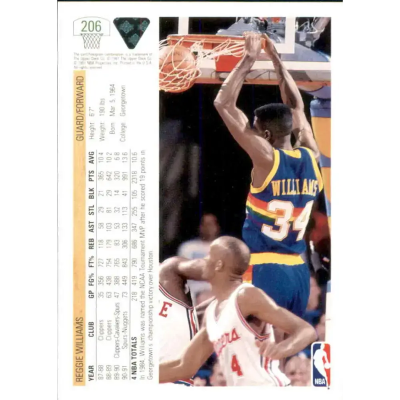 1991-92 Upper Deck #206 Reggie Williams NM-MT Denver Nuggets Basketball Card - Basketball Card Single