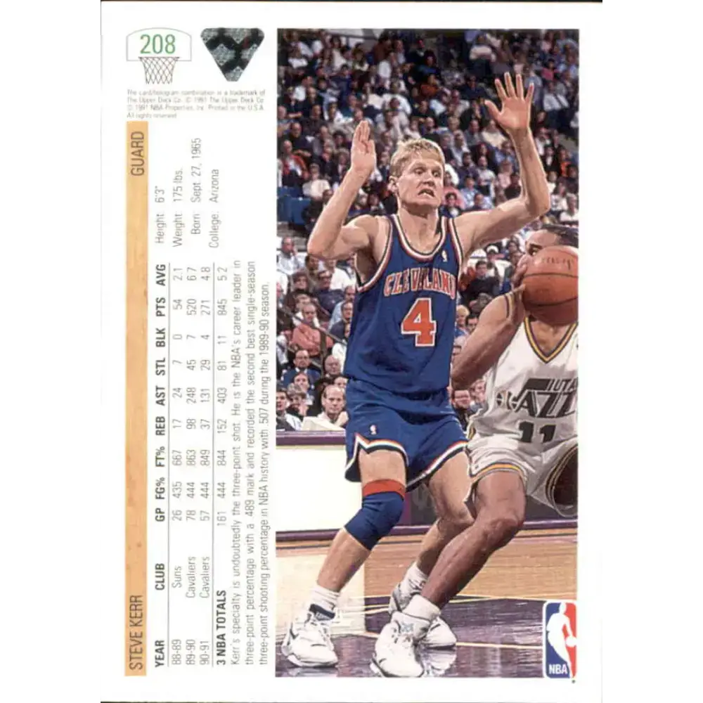 1991-92 Upper Deck #208 Steve Kerr NM-MT Cleveland Cavaliers Basketball Card - Basketball Card Single