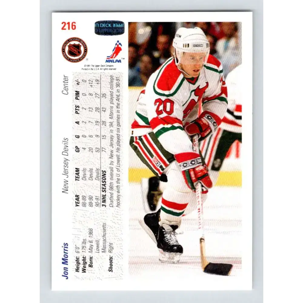 1991-92 Upper Deck #216 Jon Morris NM-MT New Jersey Devils Hockey Card - Hockey Card Single