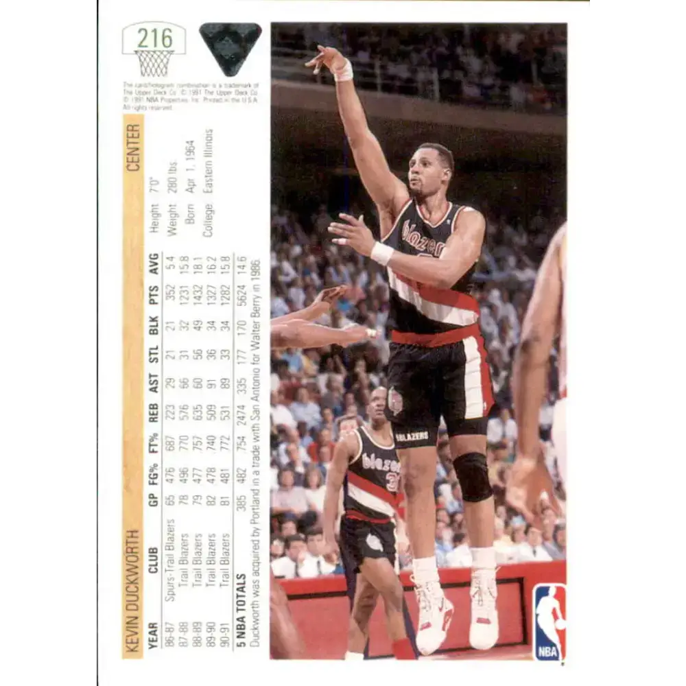 1991-92 Upper Deck #216 Kevin Duckworth NM-MT Portland Trail Blazers Basketball Card - Basketball Card Single