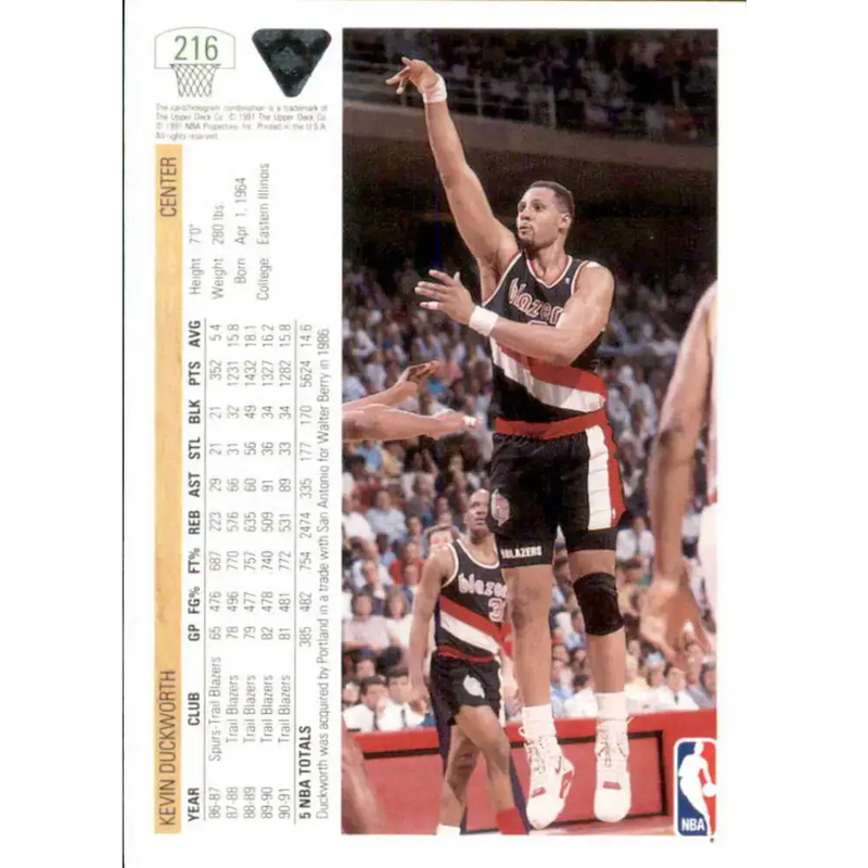 1991-92 Upper Deck #216 Kevin Duckworth NM-MT Portland Trail Blazers Basketball Card - Basketball Card Single
