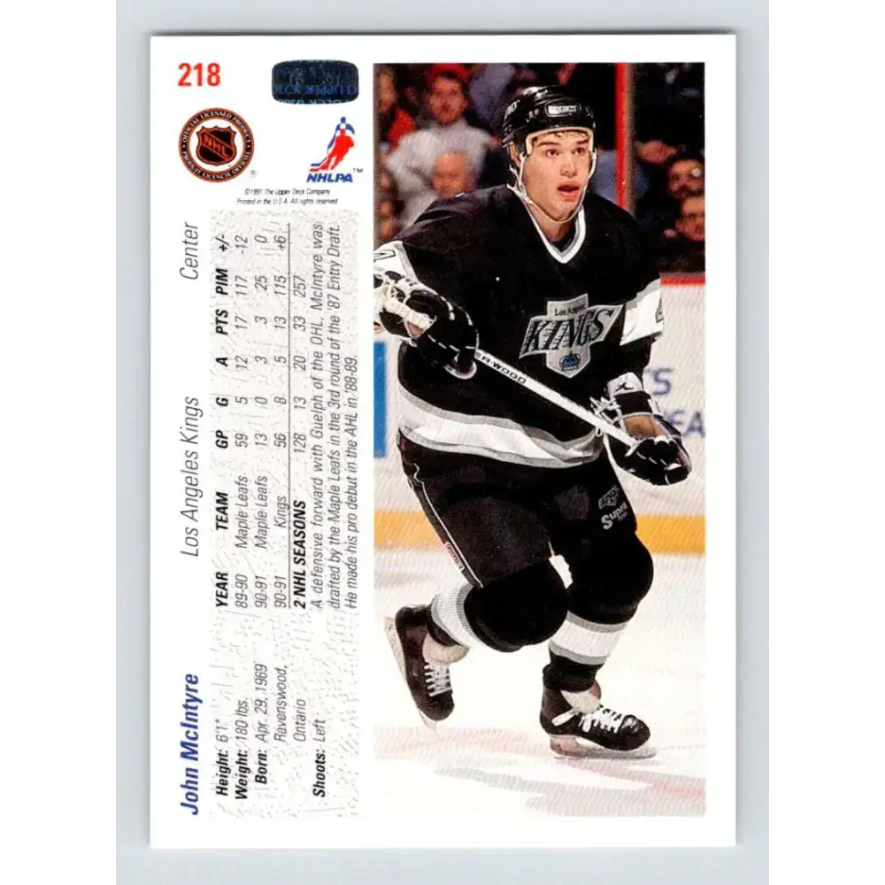 1991-92 Upper Deck #218 John McIntyre NM-MT Los Angeles Kings Hockey Card - Hockey Card Single