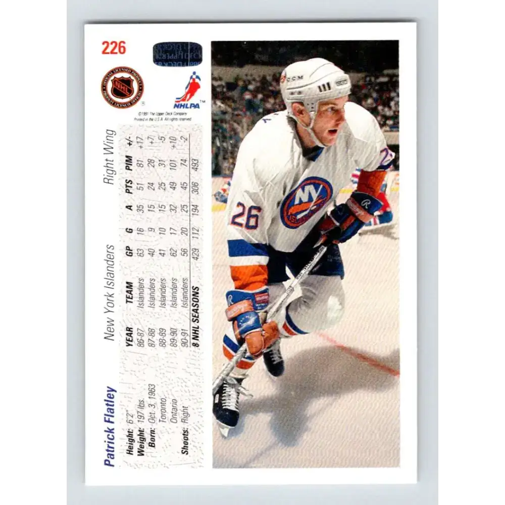 1991-92 Upper Deck #226 Patrick Flatley NM-MT New York Islanders Hockey Card - Hockey Card Single