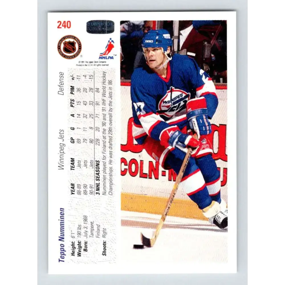 1991-92 Upper Deck #240 Teppo Numminen NM-MT Winnipeg Jets Hockey Card - Hockey Card Single