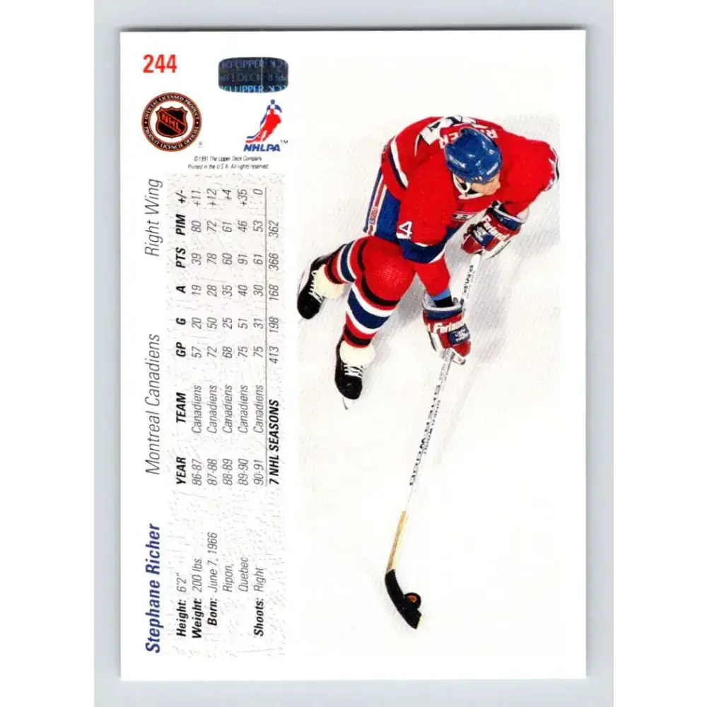 1991-92 Upper Deck #244 Stephane Richer NM-MT Hockey Card - Hockey Card Single