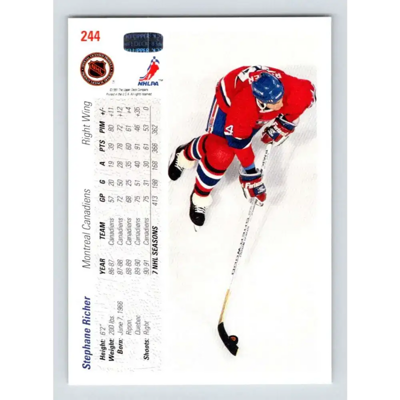 1991-92 Upper Deck #244 Stephane Richer NM-MT Hockey Card - Hockey Card Single