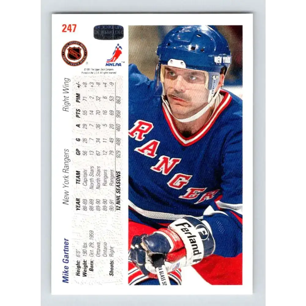 1991-92 Upper Deck #247 Mike Gartner NM-MT New York Rangers Hockey Card - Hockey Card Single