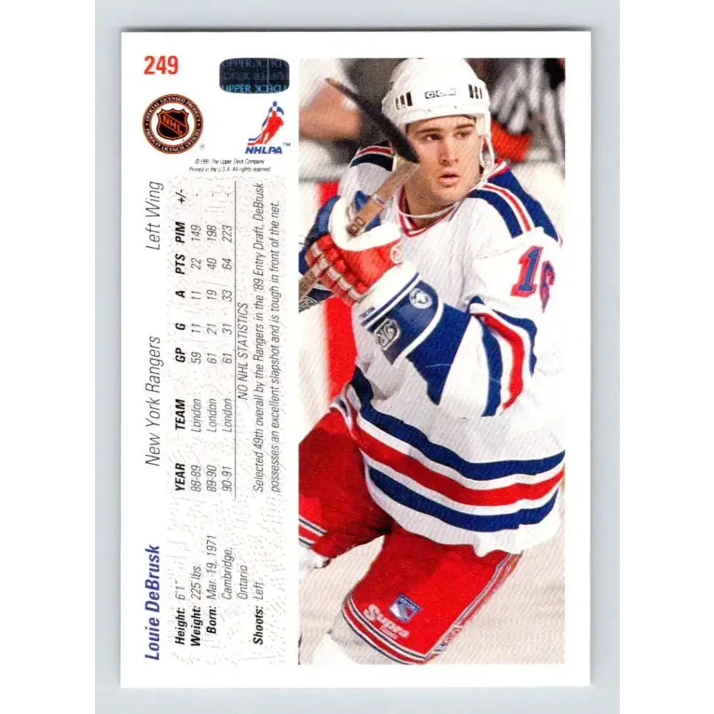 1991-92 Upper Deck #249 Louie DeBrusk NM-MT RC Rookie Edmonton Oilers Hockey Card - Hockey Card Single