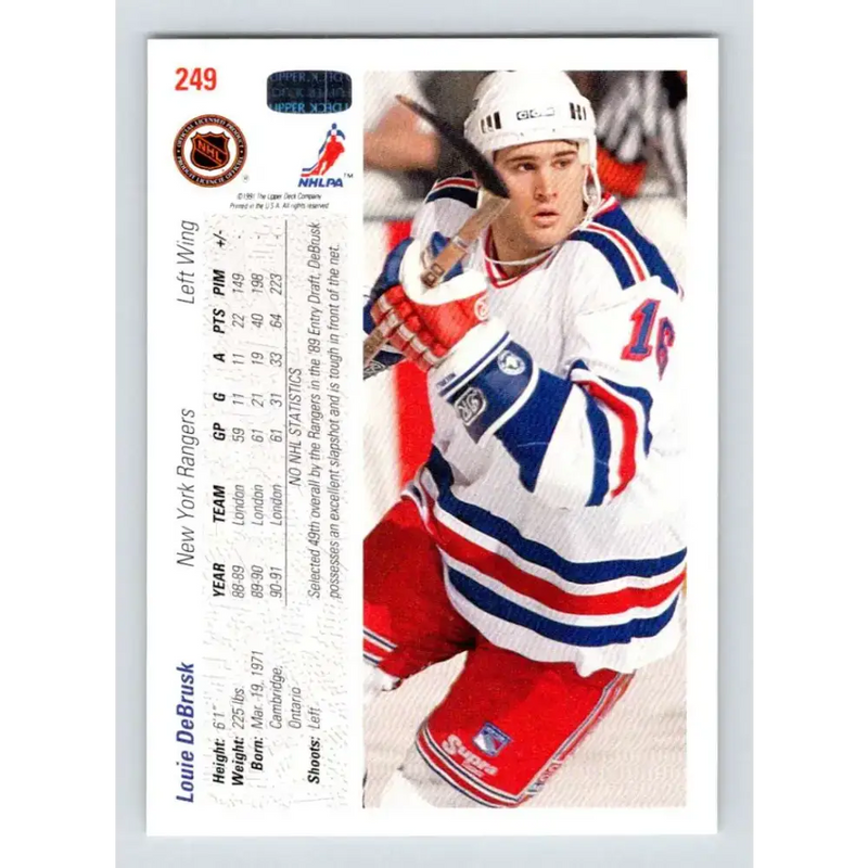 1991-92 Upper Deck #249 Louie DeBrusk NM-MT RC Rookie Edmonton Oilers Hockey Card - Hockey Card Single