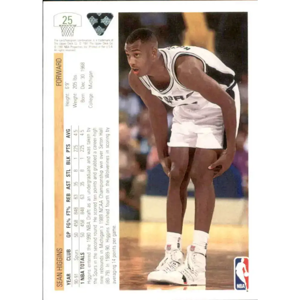1991-92 Upper Deck #25 Sean Higgins NM-MT RC Rookie San Antonio Spurs Basketball Card - Basketball Card Single
