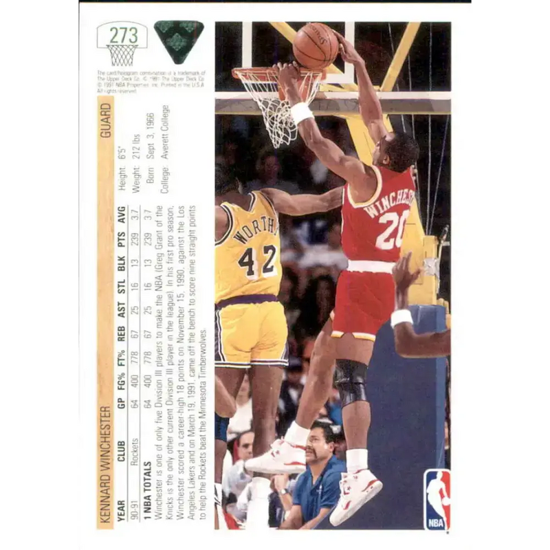 1991-92 Upper Deck #273 Kennard Winchester NM-MT RC Rookie Houston Rockets Basketball Card - Basketball Card Single