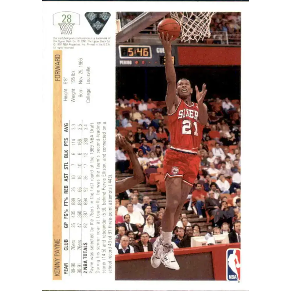 1991-92 Upper Deck #28 Kenny Payne NM-MT Philadelphia 76ers Basketball Card - Basketball Card Single
