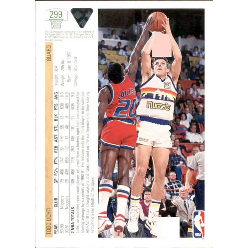 1991-92 Upper Deck #299 Todd Lichti NM-MT Denver Nuggets Basketball Card - Basketball Card Single
