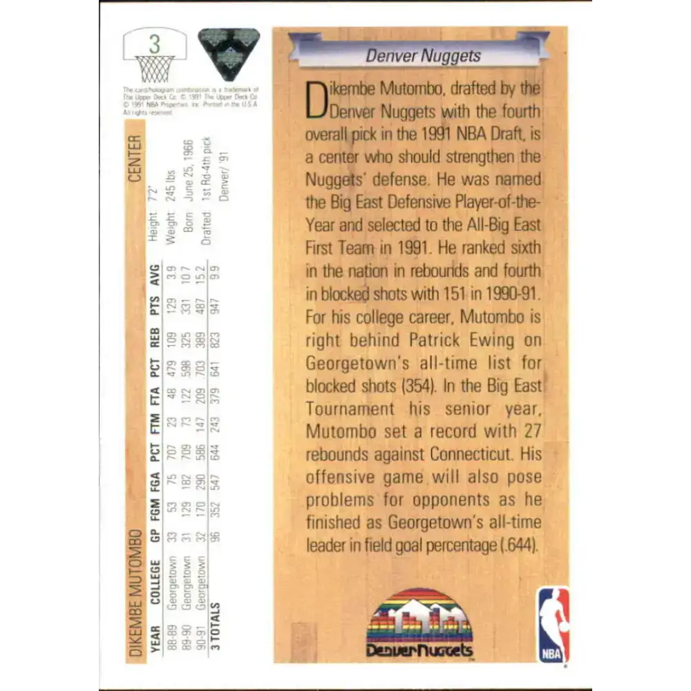 1991-92 Upper Deck #3 Dikembe Mutombo NM-MT RC Rookie Denver Nuggets Basketball Card - Basketball Card Single