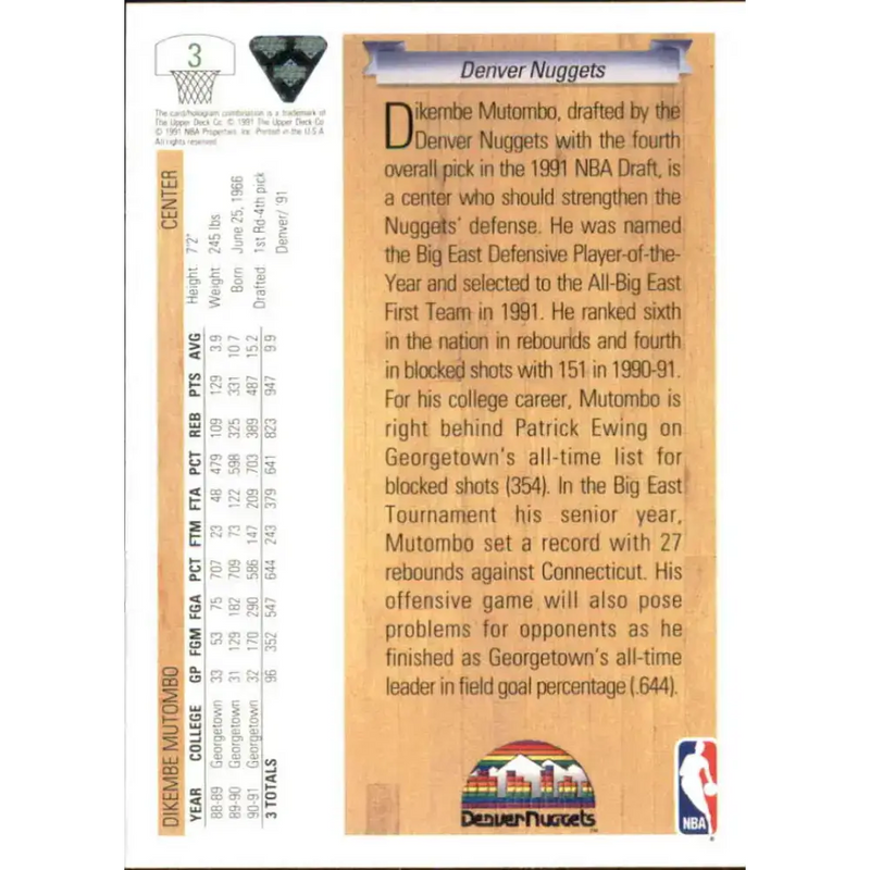 1991-92 Upper Deck #3 Dikembe Mutombo NM-MT RC Rookie Denver Nuggets Basketball Card - Basketball Card Single
