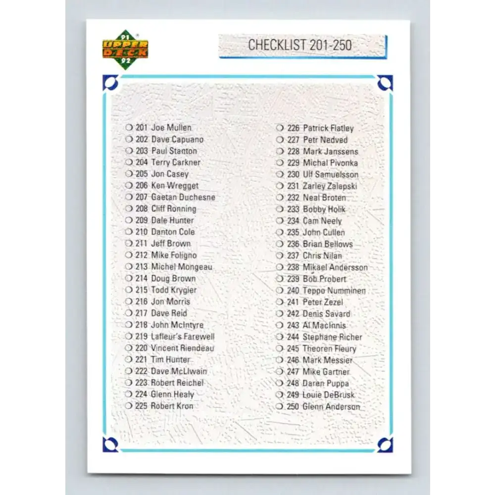 1991-92 Upper Deck #300 Checklist 201-300 NM-MT Hockey Card - Hockey Card Single