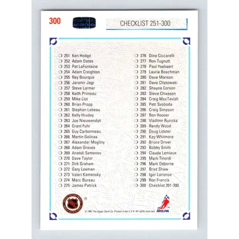 1991-92 Upper Deck #300 Checklist 201-300 NM-MT Hockey Card - Hockey Card Single