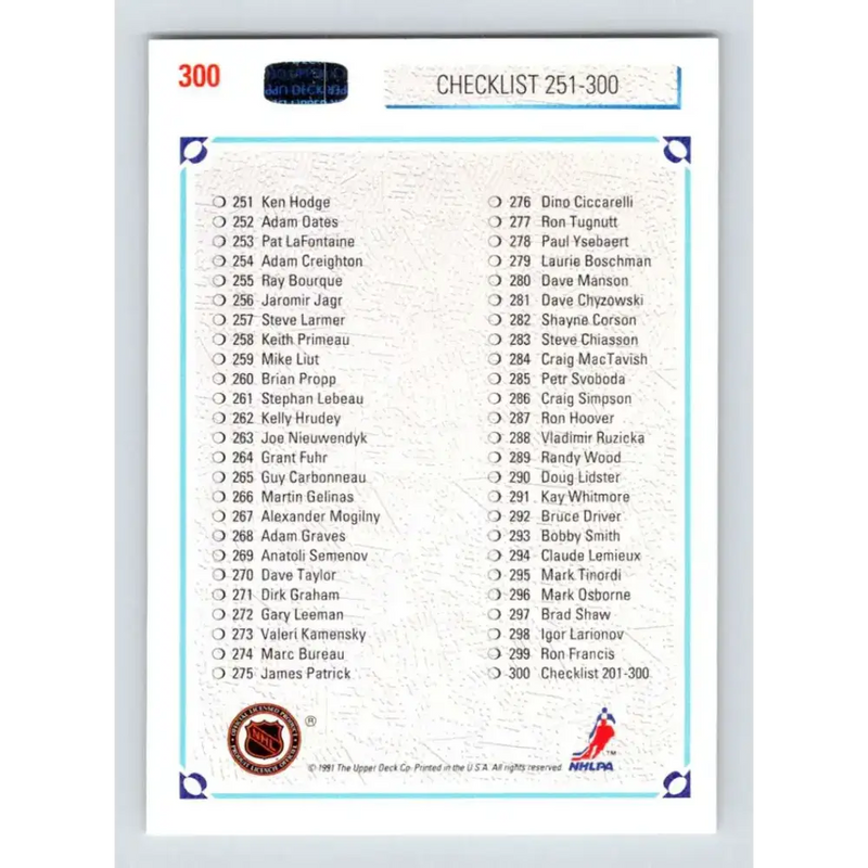 1991-92 Upper Deck #300 Checklist 201-300 NM-MT Hockey Card - Hockey Card Single