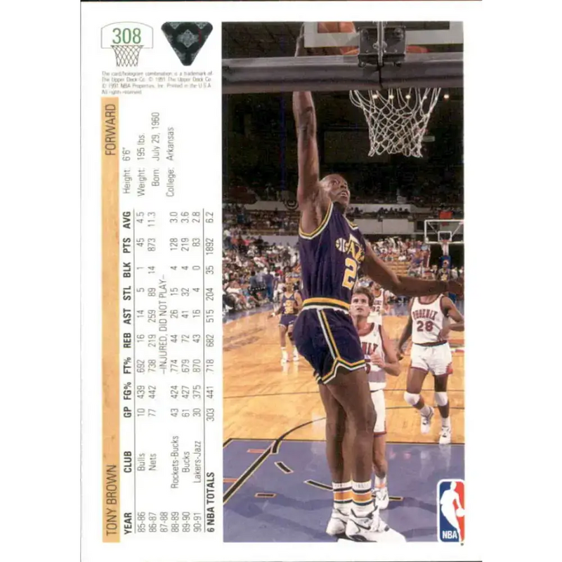1991-92 Upper Deck #308 Tony Brown NM-MT Utah Jazz Basketball Card - Basketball Card Single