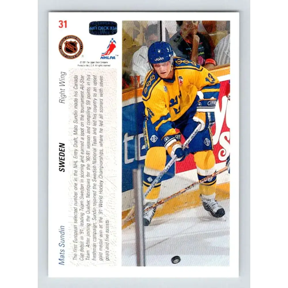1991-92 Upper Deck #31 Mats Sundin NM-MT Quebec Nordiques Hockey Card - Hockey Card Single