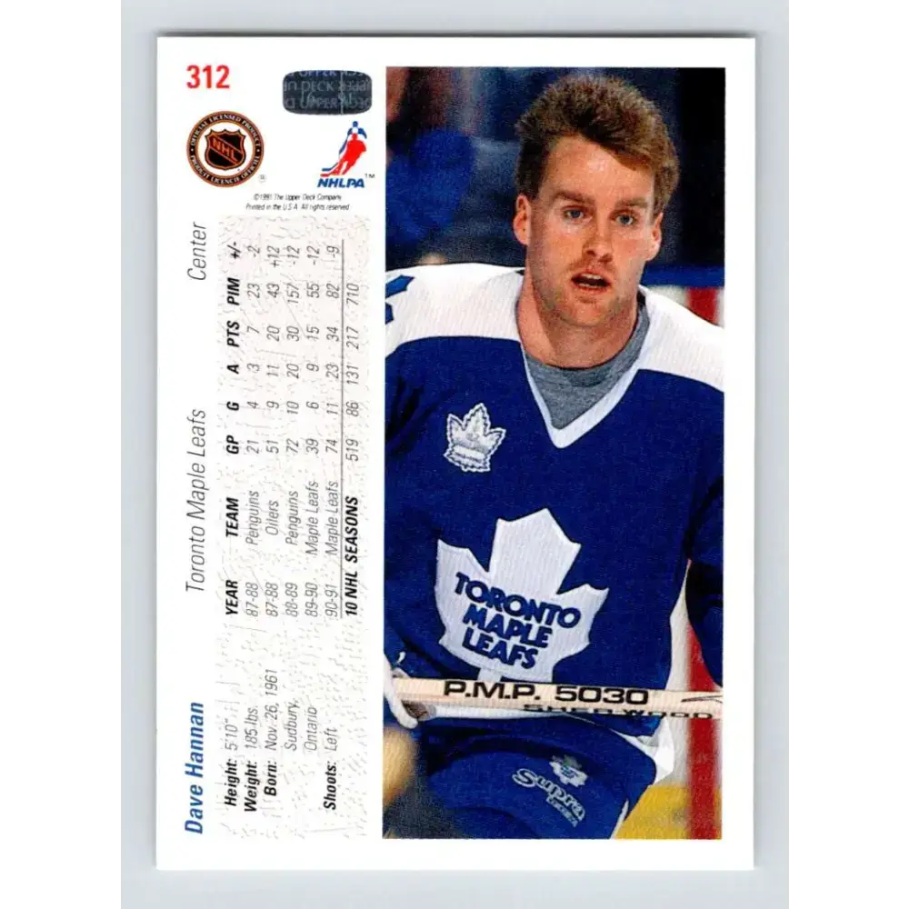 1991-92 Upper Deck #312 Dave Hannan NM-MT Toronto Maple Leafs Hockey Card - Hockey Card Single