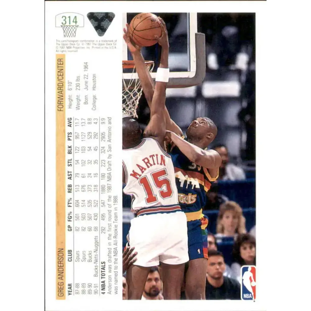 1991-92 Upper Deck #314 Greg Anderson NM-MT Denver Nuggets Basketball Card - Basketball Card Single