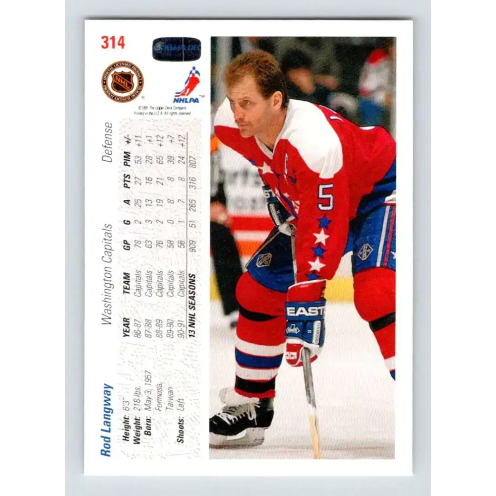 1991-92 Upper Deck #314 Rod Langway NM-MT Washington Capitals Hockey Card - Hockey Card Single