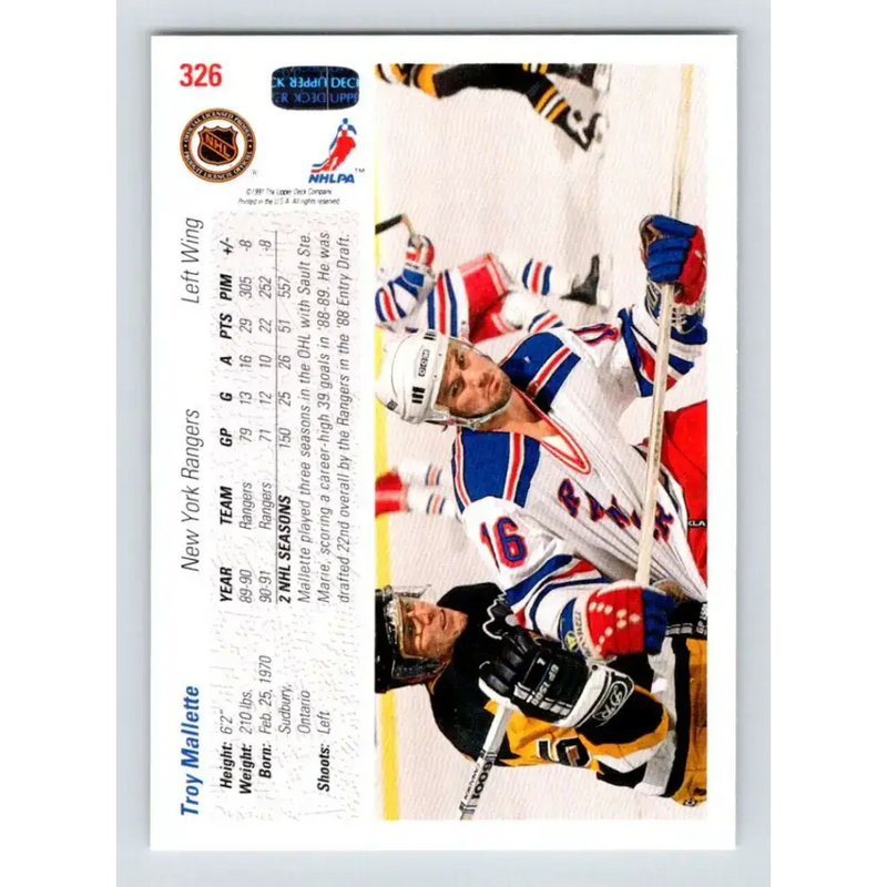 1991-92 Upper Deck #326 Troy Mallette NM-MT Hockey Card - Hockey Card Single