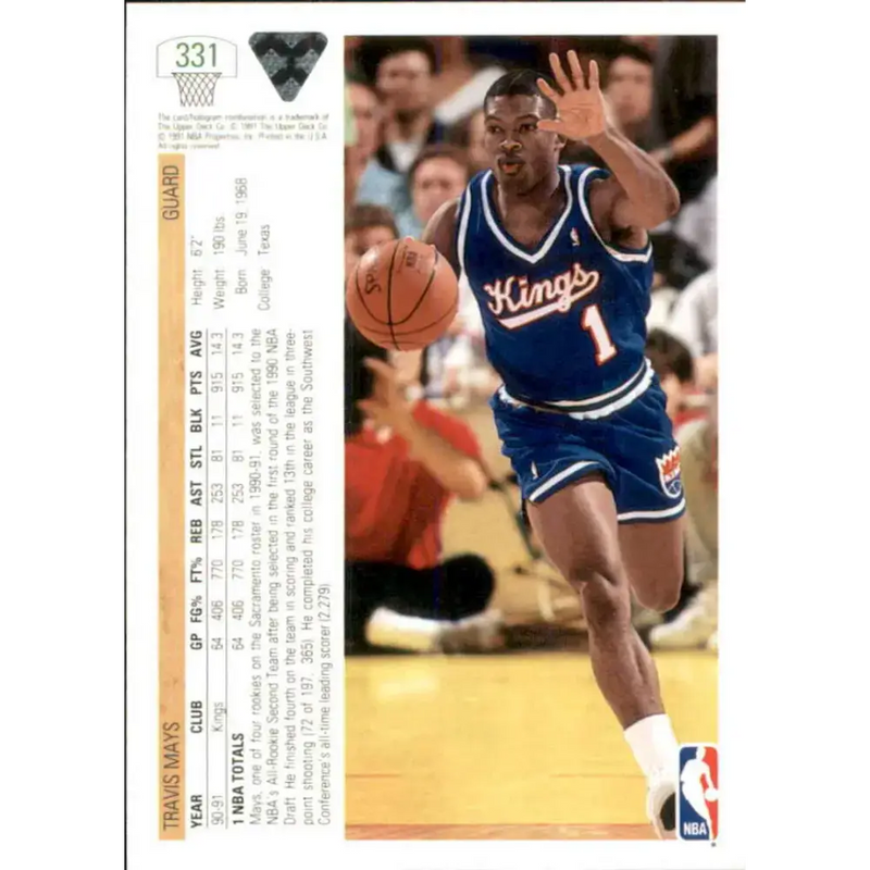 1991-92 Upper Deck #331 Travis Mays NM-MT Sacramento Kings Basketball Card - Basketball Card Single