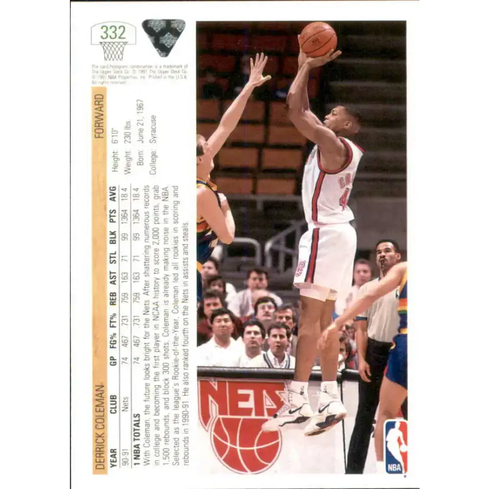 1991-92 Upper Deck #332 Derrick Coleman NM-MT New Jersey Nets Basketball Card - Basketball Card Single