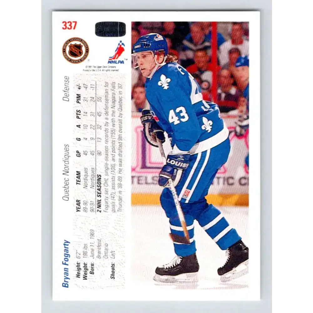 1991-92 Upper Deck #337 Bryan Fogarty NM-MT Quebec Nordiques Hockey Card - Hockey Card Single