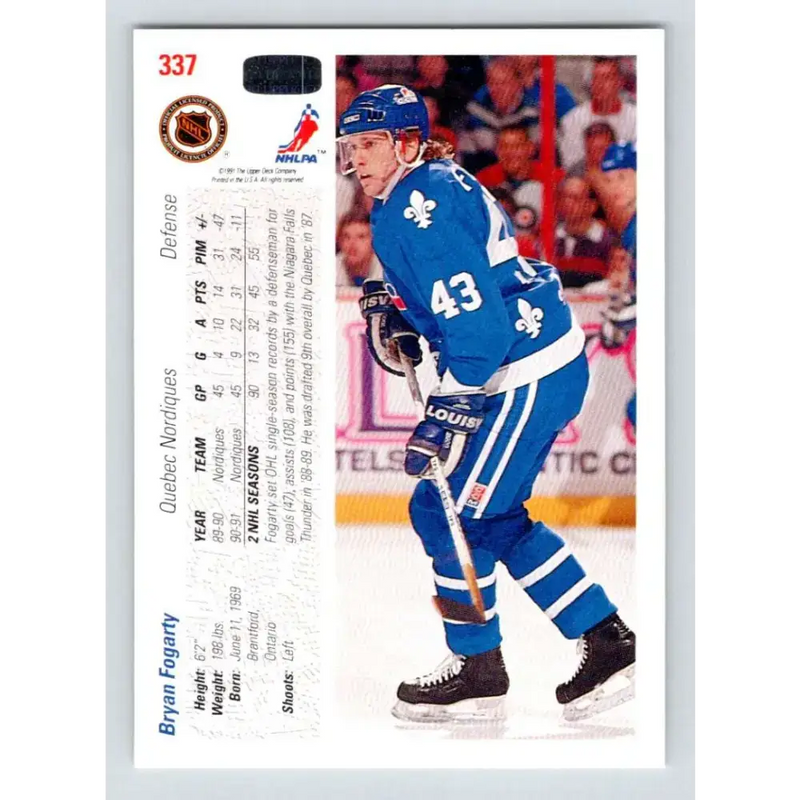1991-92 Upper Deck #337 Bryan Fogarty NM-MT Quebec Nordiques Hockey Card - Hockey Card Single