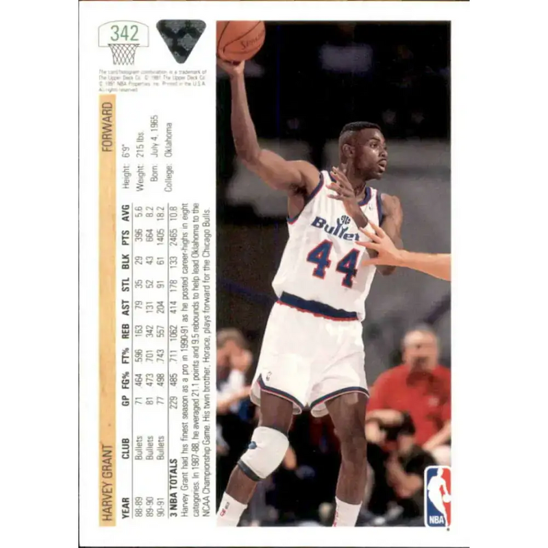1991-92 Upper Deck #342 Harvey Grant NM-MT Washington Bullets Basketball Card - Basketball Card Single