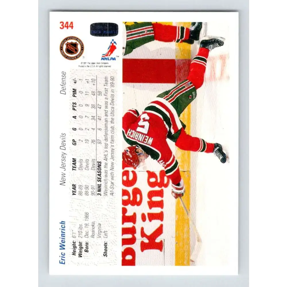 1991-92 Upper Deck #344 Eric Weinrich NM-MT New Jersey Devils Hockey Card - Hockey Card Single