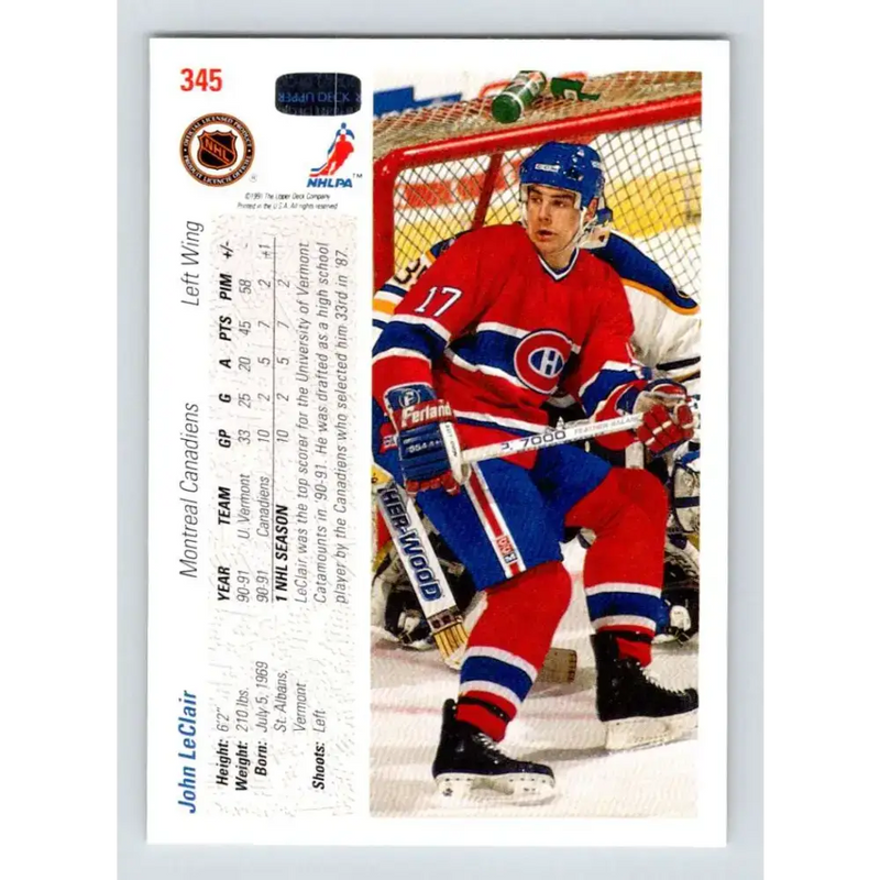 1991-92 Upper Deck #345 John LeClair NM-MT RC Rookie Montreal Canadiens Hockey Card - Hockey Card Single