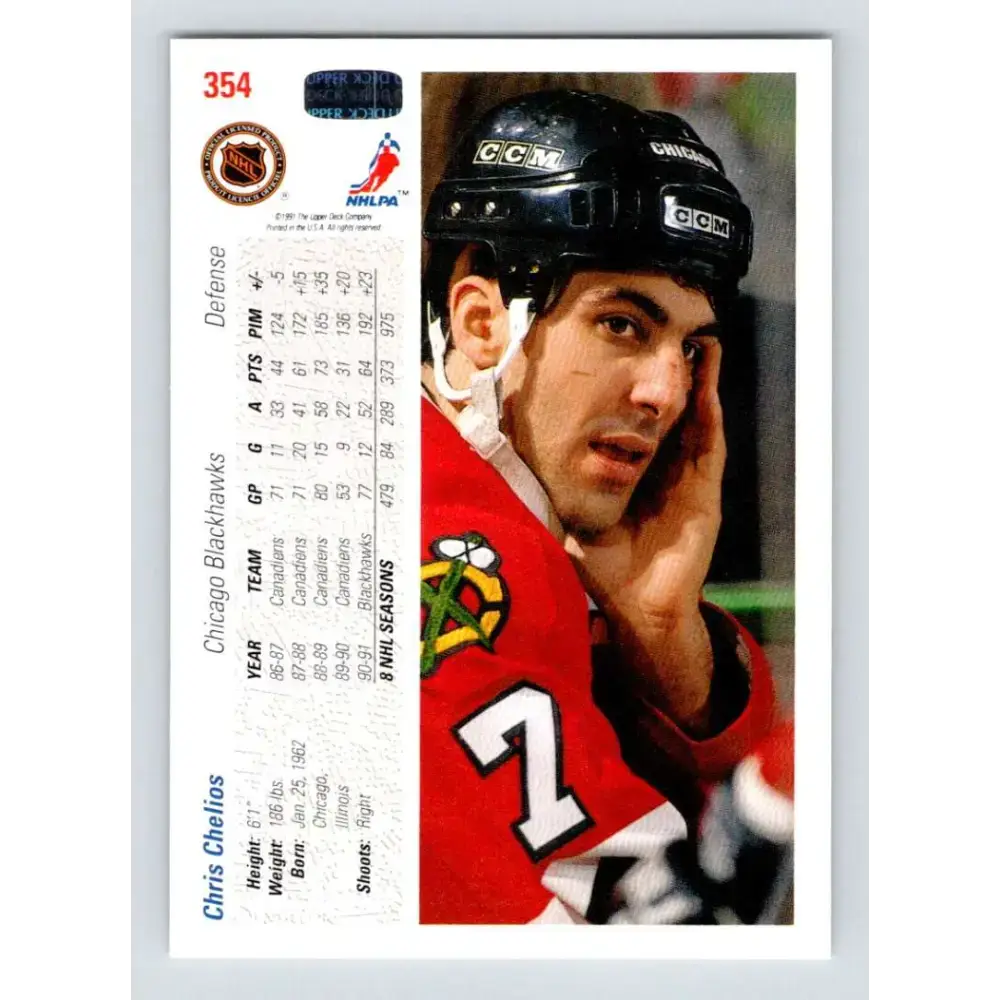 1991-92 Upper Deck #354 Chris Chelios NM-MT Chicago Blackhawks Hockey Card - Hockey Card Single