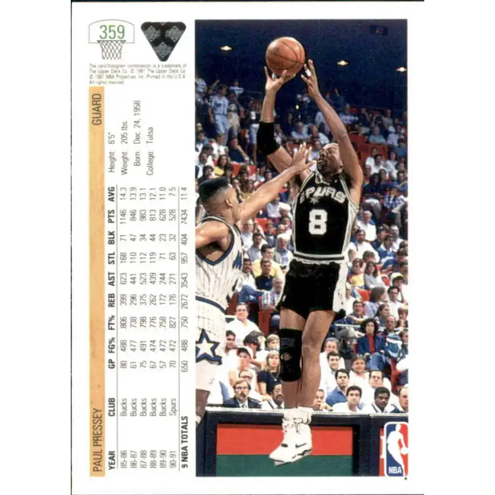 1991-92 Upper Deck #359 Paul Pressey NM-MT San Antonio Spurs Basketball Card - Basketball Card Single