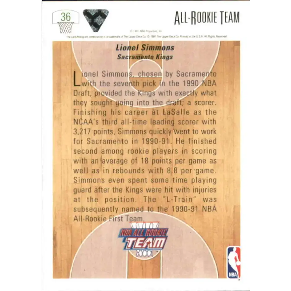 1991-92 Upper Deck #36 Lionel Simmons ART NM-MT Sacramento Kings Basketball Card - Basketball Card Single
