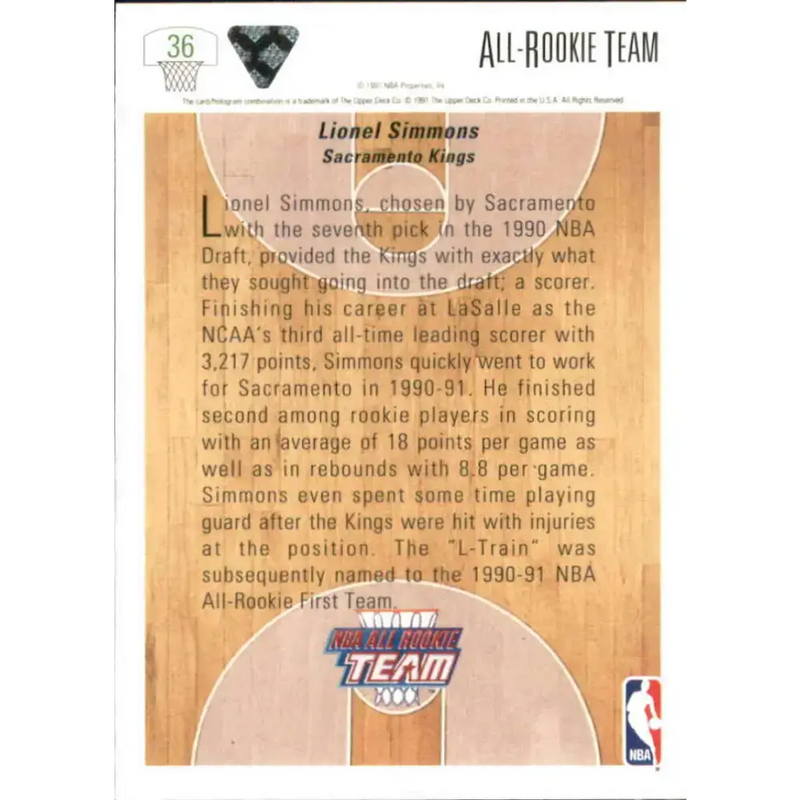 1991-92 Upper Deck #36 Lionel Simmons ART NM-MT Sacramento Kings Basketball Card - Basketball Card Single