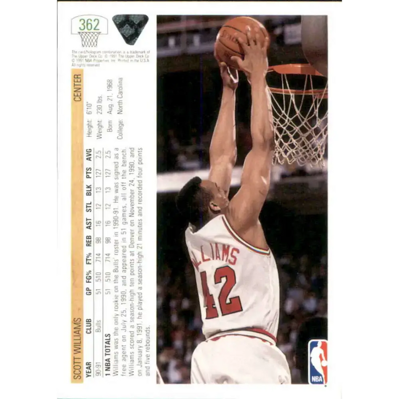 1991-92 Upper Deck #362 Scott Williams NM-MT RC Rookie Chicago Bulls Basketball Card - Basketball Card Single
