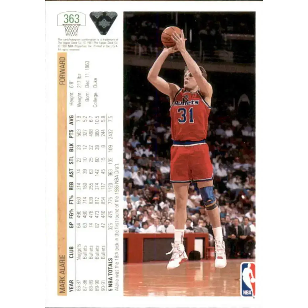1991-92 Upper Deck #363 Mark Alarie NM-MT Utah Jazz Basketball Card - Basketball Card Single