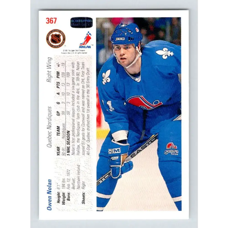 1991-92 Upper Deck #367 Owen Nolan NM-MT Quebec Nordiques Hockey Card - Hockey Card Single
