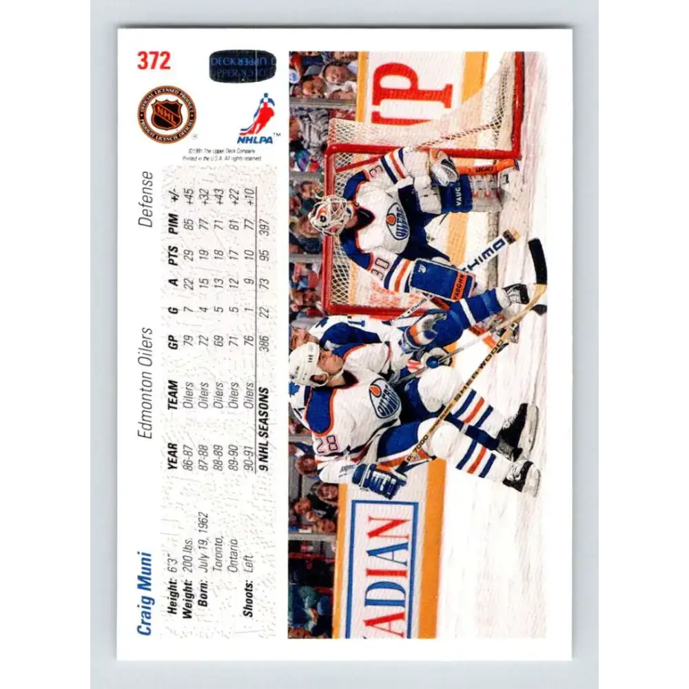 1991-92 Upper Deck #372 Craig Muni NM-MT Edmonton Oilers Hockey Card - Hockey Card Single