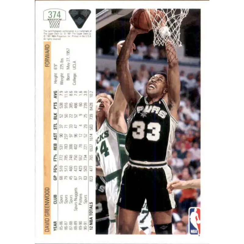 1991-92 Upper Deck #374 David Greenwood NM-MT San Antonio Spurs Basketball Card - Basketball Card Single