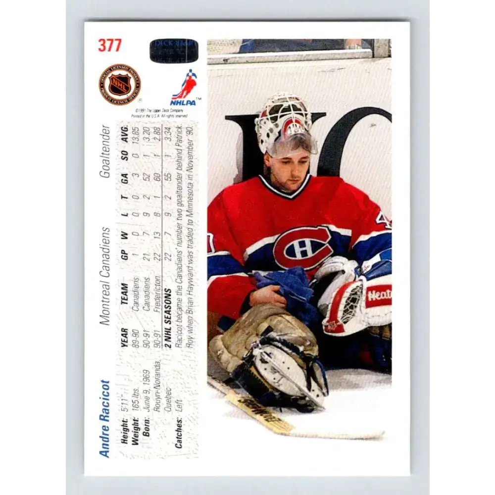 1991-92 Upper Deck #377 Andre Racicot NM-MT RC Rookie Montreal Canadiens Hockey Card - Hockey Card Single