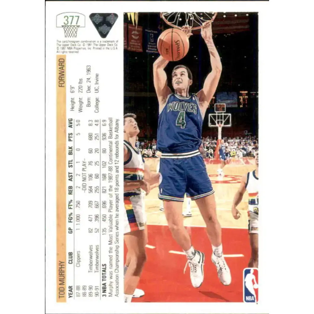 1991-92 Upper Deck #377 Tod Murphy NM-MT Minnesota Timberwolves Basketball Card - Basketball Card Single
