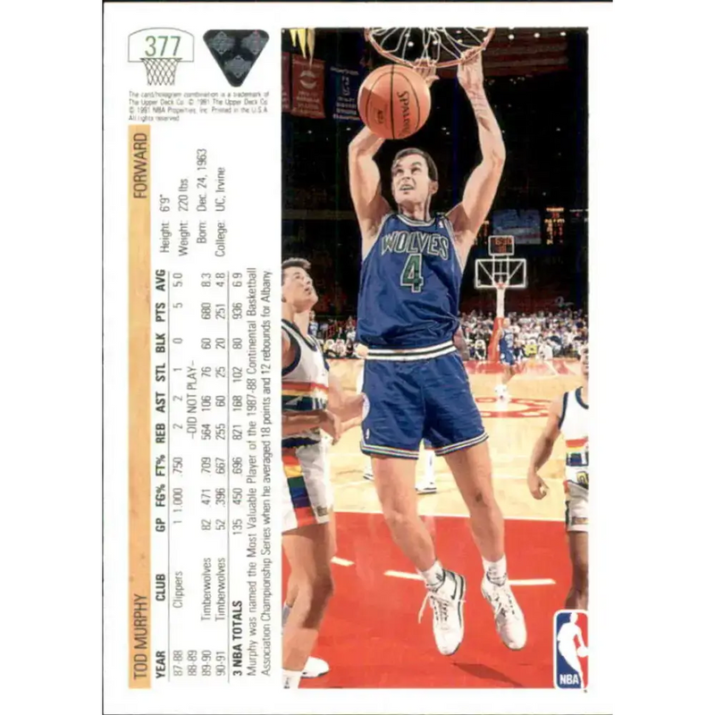 1991-92 Upper Deck #377 Tod Murphy NM-MT Minnesota Timberwolves Basketball Card - Basketball Card Single