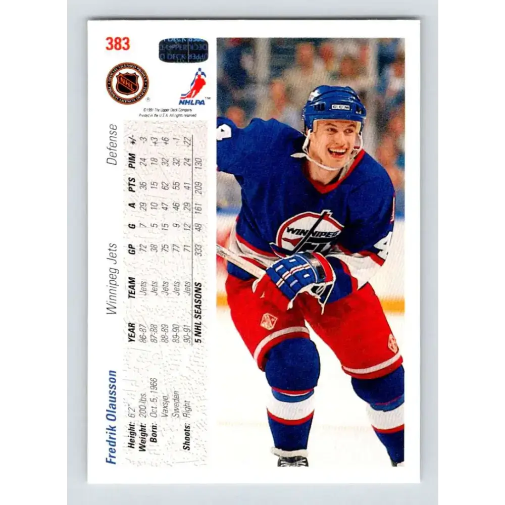 1991-92 Upper Deck #383 Fredrik Olausson NM-MT Winnipeg Jets Hockey Card - Hockey Card Single